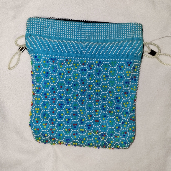 Reversible Drawstring Black or Sky Blue Beaded Pouch Purse Bag 8.5" x 9.5" - Picture 8 of 11